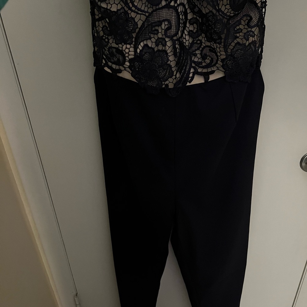 Navy strapless lace top jumpsuit by London Dress Company — form fitting sz 14